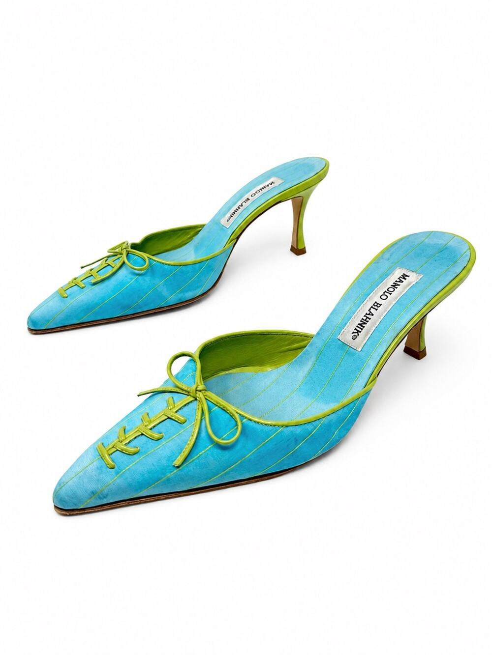 Manolo Blahnik Striped Lace-Up Mule Heels Pointed Toe Womens Size EU 38.5